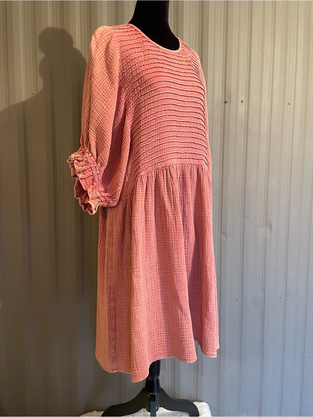 Easel Crinkle Gauze Dress Oversized Boho Midi Balloon Slv Clay Coastal Cottage L - Picture 5 of 13